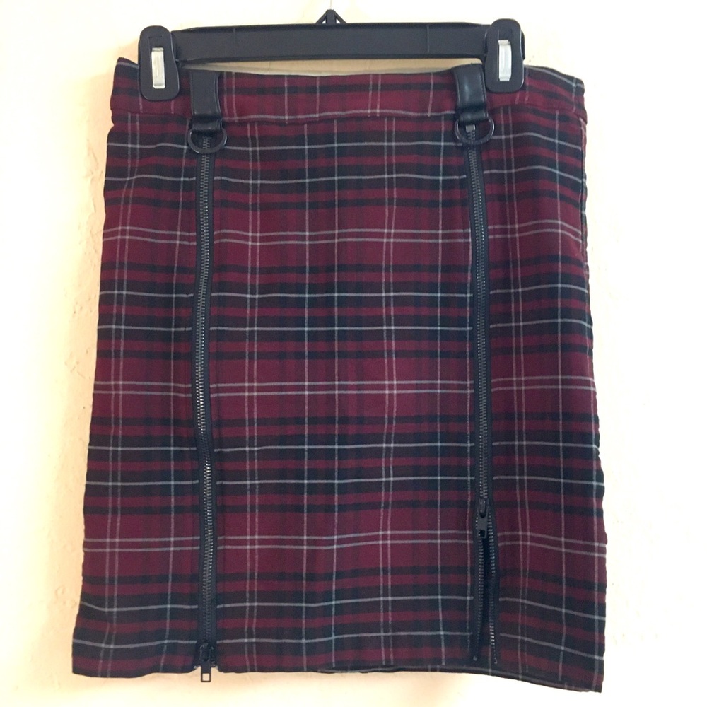 Killstar Plaid Stretch Zipper Mini Skirt Size Large Black Burgundy Biker…